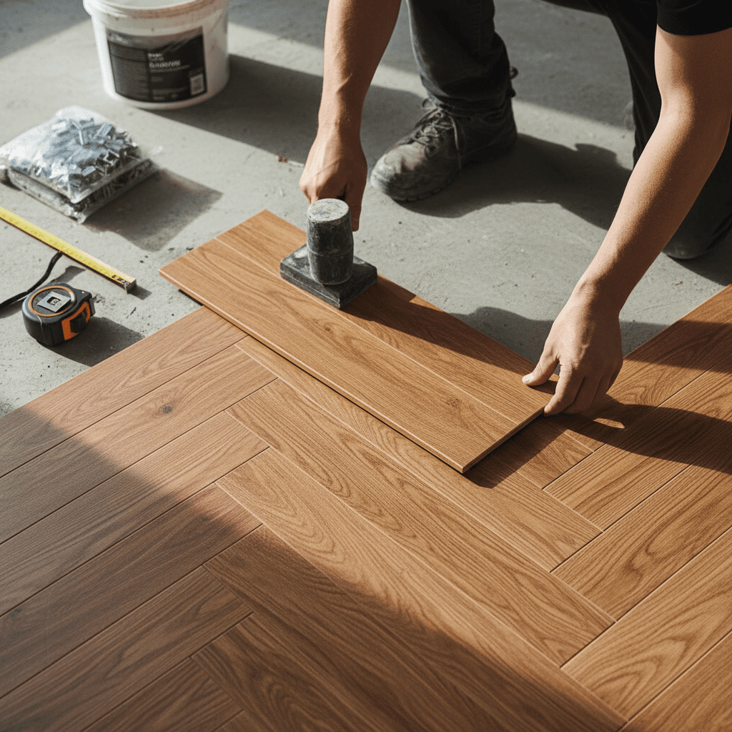 Professional flooring installation with hardwood and tools in progress