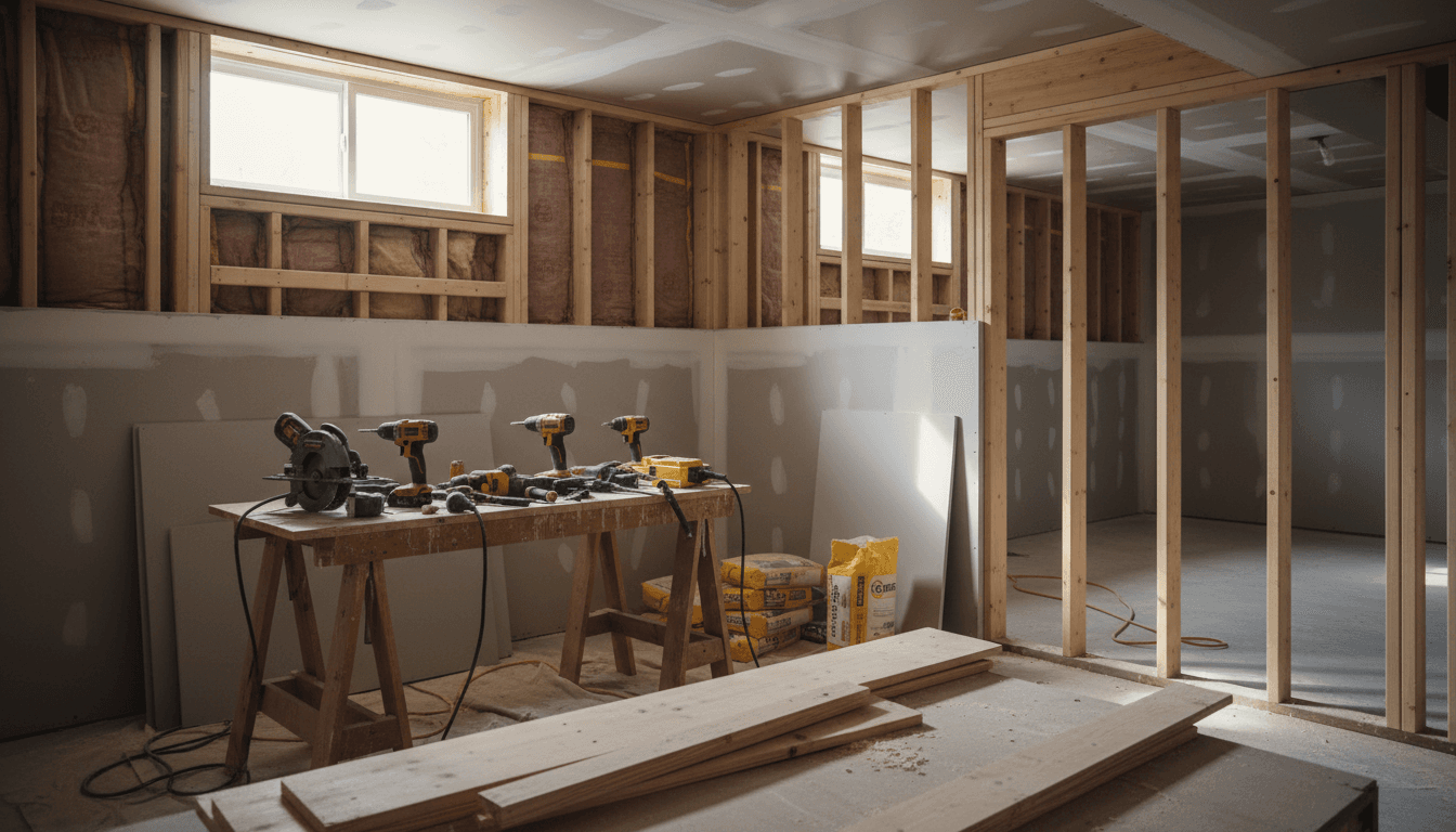 Professional basement finishing in progress, showing framing and drywall work with natural light