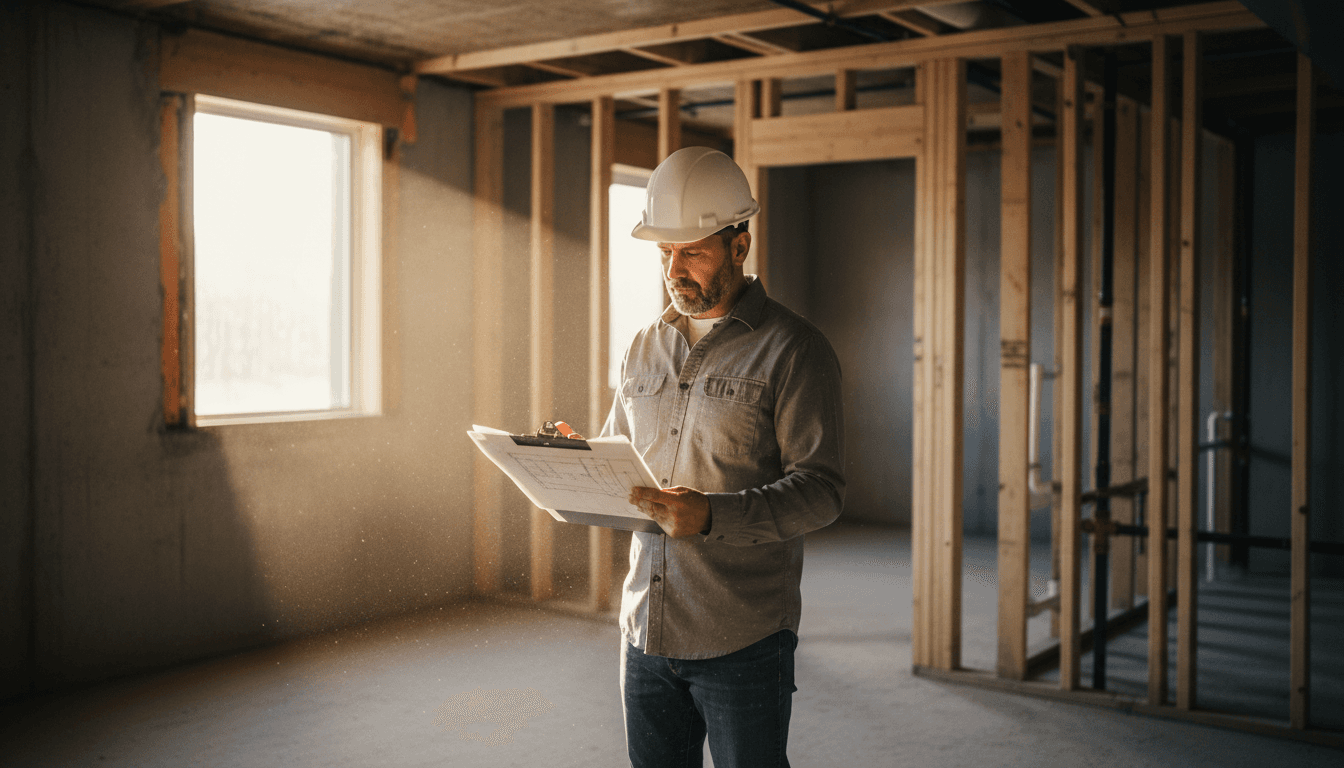 Construction contractor reviewing basement remodel plans with natural light in unfinished space