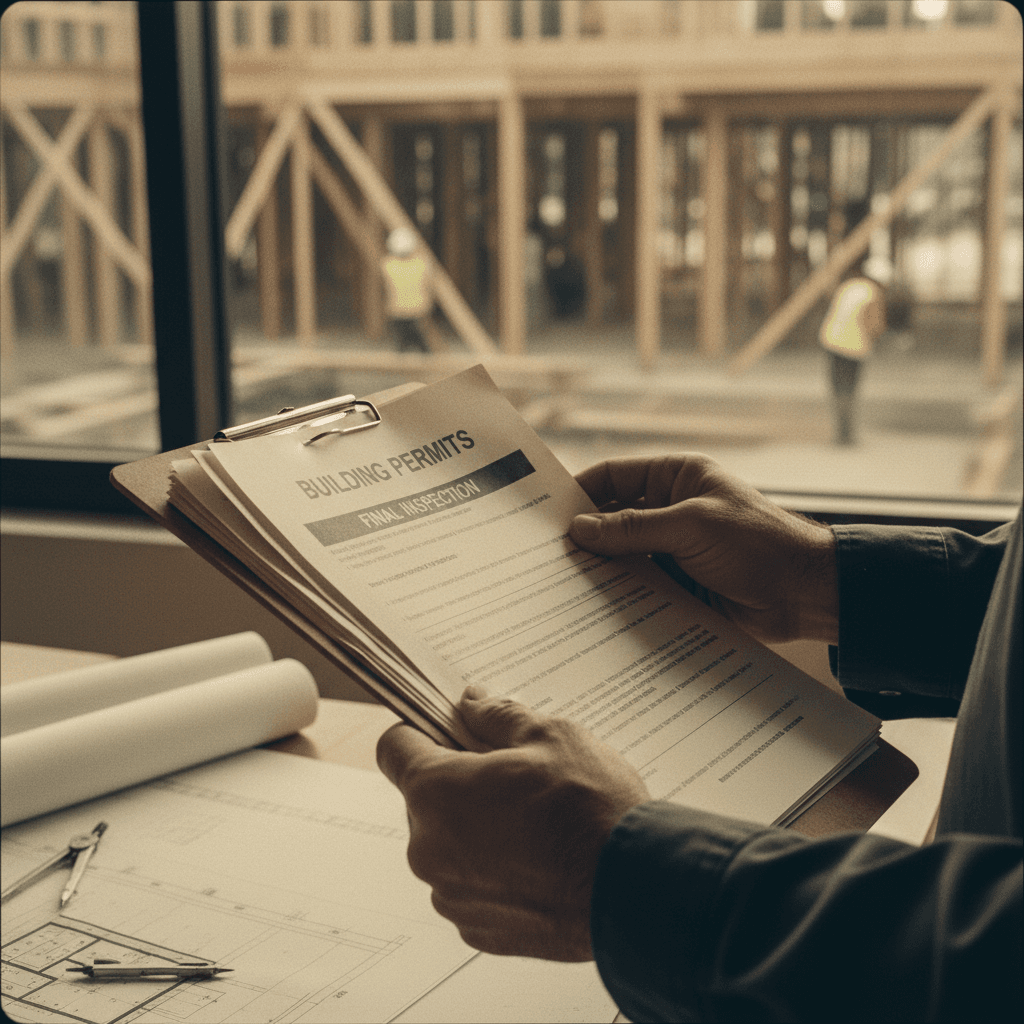 Contractor reviewing permits and inspection documents