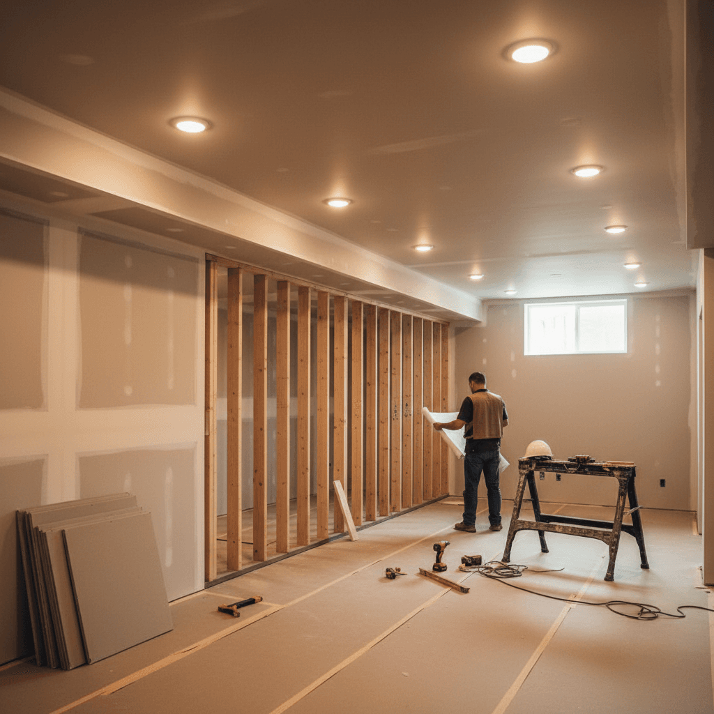 Finished basement room with new walls and lighting