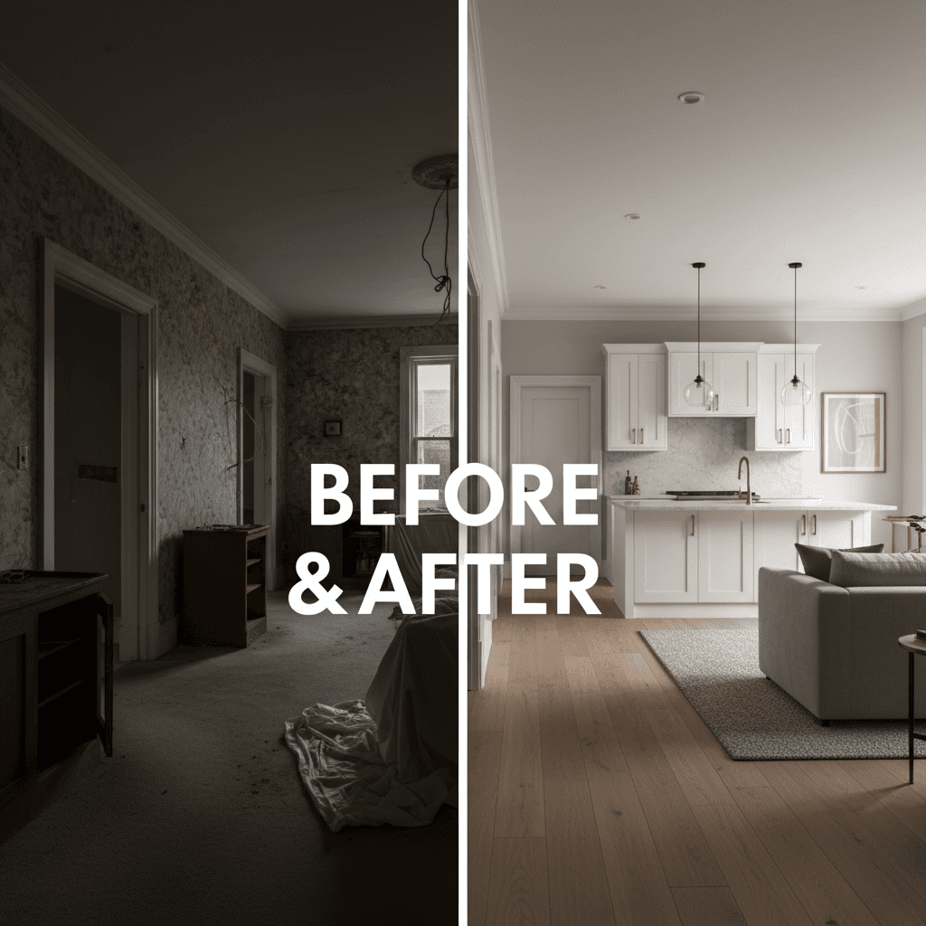 Home renovation showing transformation from start to finish